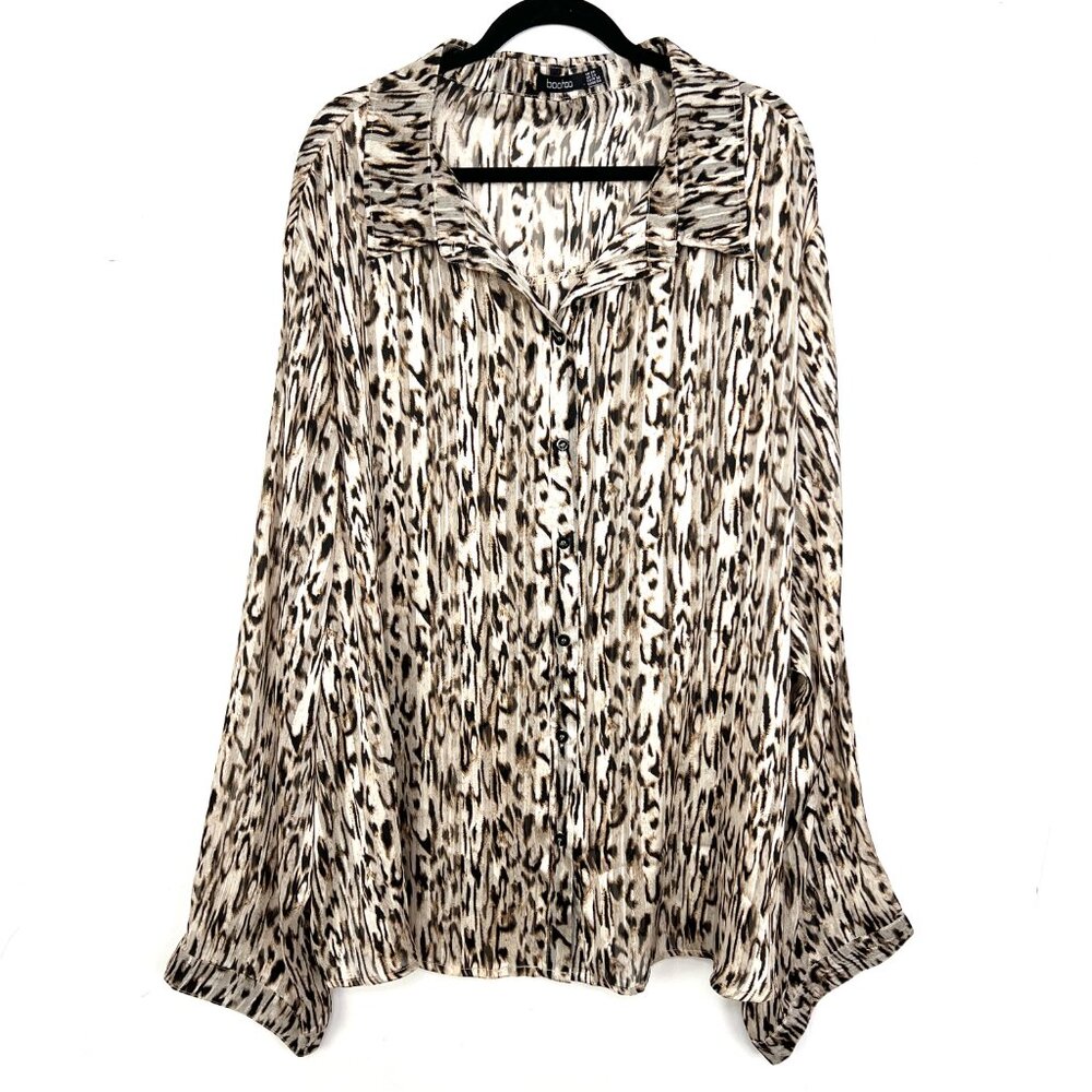 Boohoo Leopard Sheer Shimmer Brown Chiffon Button Down Top 24 3X